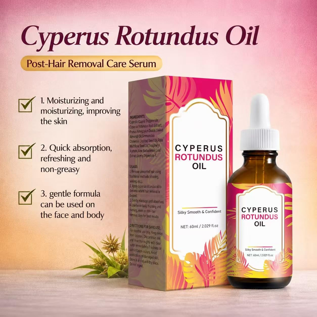Cyperus Rotundus Oil, Cyperus Rotundus Oil for Hair Removal, Reduces Unwanted Hair Growth 2.02 Fl Oz (Pack of 1)